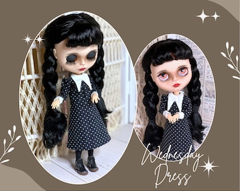 Black Wednesday dress for Blythe Doll 1/6 doll dress with collar. Clothes for dolls