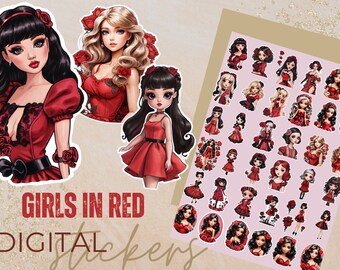 36 DIGITAL stickers for printing. Girls and dolls in red dresses. A4 sheet.