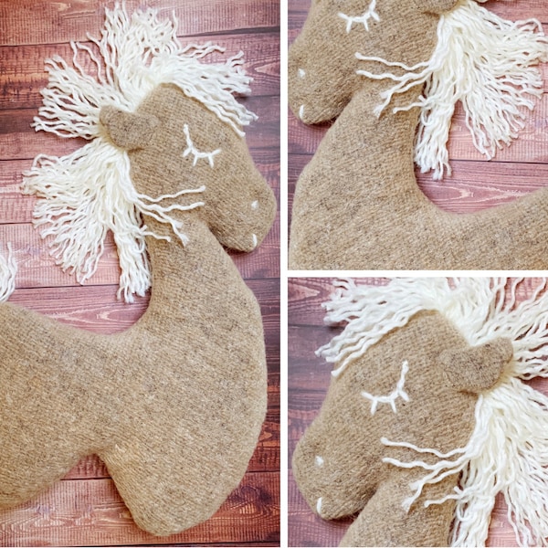 Alpaca llama, horse stuffed toy, posing pillow natural beige, light brown. Newborn props for photography, photo shoot