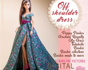 PDF Digital Pattern off shoulder dress for Barbie & Integrity toys dolls. VIDEO tutorial.