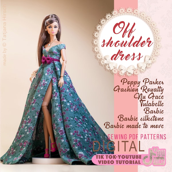 PDF Digital Pattern off shoulder dress for Barbie & Integrity toys dolls. VIDEO tutorial.