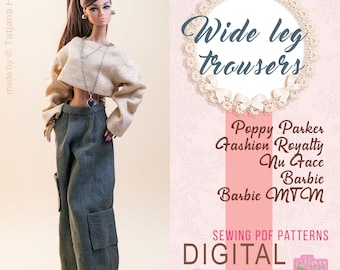 PDF Digital Pattern wide leg trousers for Fashion Royalty Nu Face Integrity toys and Barbie dolls. Tik Tok VIDEO tutorial.