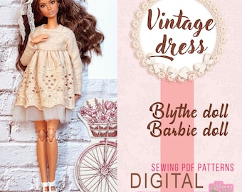 Patrón Digital PDF vestido vintage para muñecas Barbie y Blythe. VÍDEO de Youtube de Tik Tok.