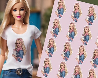 DIGITAL stickers for printing. Young woman with a bunny. Doll clothes in BB style. A4 sheet.