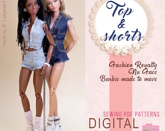 PDF Digital Pattern top & shorts for Fashion Royalty Nu Face and  Barbie dolls Integrity toys. VIDEO tutorial.