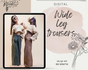 PDF Digital Pattern wide leg trousers for Fashion Royalty Nu Face Integrity toys and BB dolls. VIDEO tutorial.