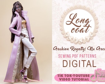 PDF Digital Pattern long coat for Fashion Royalty Nu Face doll Integrity toys. YouTube VIDEO tutorial.