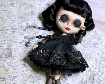 Black ball gown for Blythe Doll 30 cm, glittery doll dress. Dress for Wednesday Doll, Wednesday's dress.