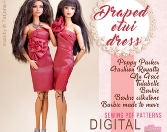 PDF Digital Pattern draped etui dress for Barbie & Integrity toys dolls. VIDEO tutorial.