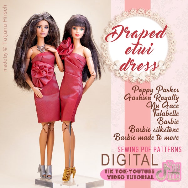 PDF Digital Pattern draped etui dress for Barbie & Integrity toys dolls. VIDEO-tutorial.