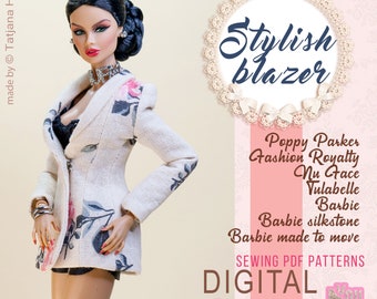 PDF Digital Pattern stylish blazer jacket for Barbie & Integrity toys dolls. VIDEO tutorial.