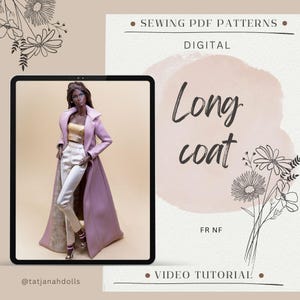 PDF Patrón Digital abrigo largo para muñeca Fashion Royalty Nu Face juguetes Integrity. VÍDEO tutorial de YouTube.