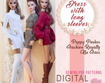 PDF Digital Pattern dress with long sleeves for Fashion Royalty Nu Face Poppy Parker dolls Integrity toys. VIDEO tutorial.