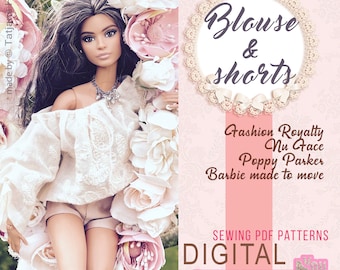 PDF Digital Pattern blouse and shorts for Barbie & Integrity toys dolls. VIDEO-tutorial.