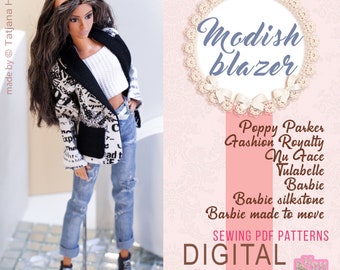 PDF Digital Pattern fashionable blazer jacket for Barbie & Integrity toys dolls. VIDEO-tutorial.