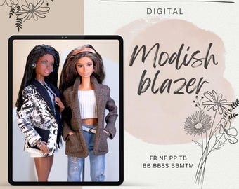 PDF Digital Pattern fashionable blazer jacket for BB & Integrity toys dolls. VIDEO tutorial.