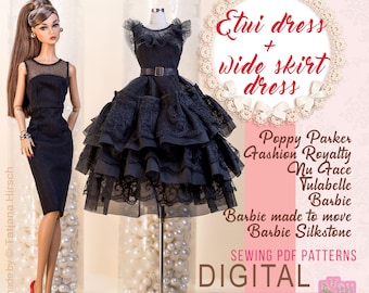 PDF Digital Pattern etui dress and wide skirt dress for Barbie & Integrity toys dolls. VIDEO tutorial.