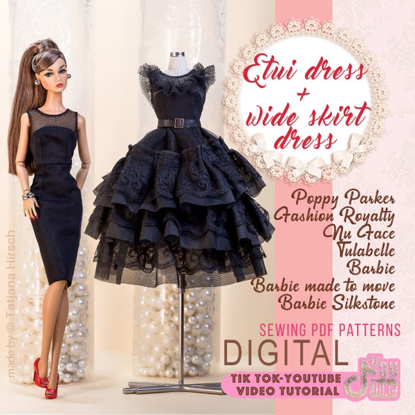 PDF Digital Pattern etui dress and wide skirt dress for Barbie & Integrity toys dolls. VIDEO tutorial.