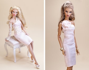 Vestido etui drapeado para muñecas Barbie e Integrity Toys Fashion Royalty Nu Face Poppy Parker.