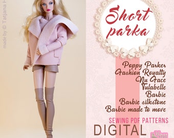 Veste parka courte PDF Digital Pattern pour poupées jouets Barbie & Integrity. Didacticiel vidéo.