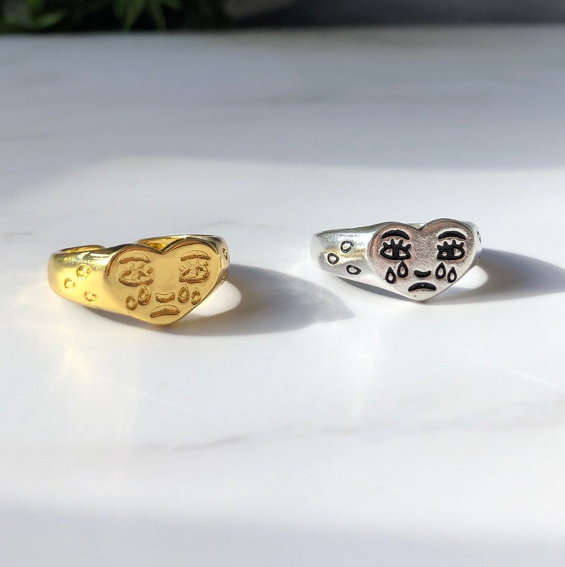 Sad Crying Smiley Face Emoji Silver Ring and Gold Abstract Ring for Women Matching Couples Heart Everyday Sterling Silver Ring Cute Jewelry 