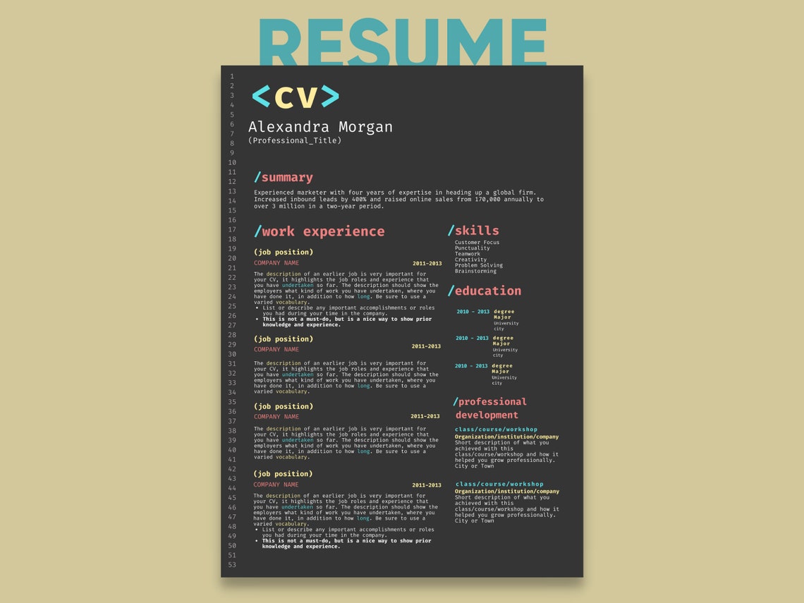 Resume CV Template Template Programming & Coding - Etsy