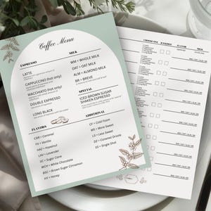 Peut inclure: Un menu de café avec une bordure vert menthe et des motifs floraux, listant les boissons espresso, les options de lait et les saveurs. Le menu comprend une section pour que les clients puissent cocher leur commande. Une fourchette et un verre d'eau sont également visibles.