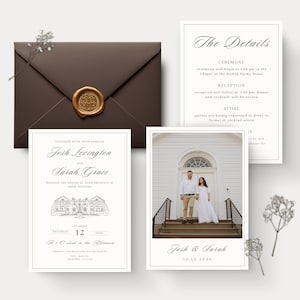 May include: A wedding invitation suite featuring a dark brown envelope with a gold wax seal, a white card with a line drawing of a building, a details card, and a photo card showing a couple on steps, all accented with small sprigs of baby's breath.