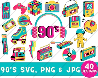 | Clipart des années 90 | SVG des années 90 | PNG des années 90 Bundle | des années 90 Impression numérique design des années 90