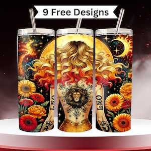Leo Zodiac Tumbler Wrap Celestial Design, Astrology 20 oz Skinny Straight Tumbler Sublimation Design, PNG Digital Download