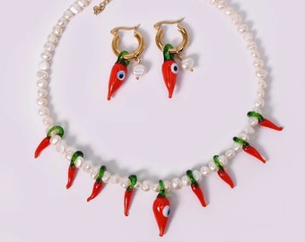 Glass Chilli Real Pearl Necklace Earring Set, Gold Chilli Hoop Earrings, Freshwater Pearls and Murano Chilli Necklace, Hot Girl Summer, Y2K