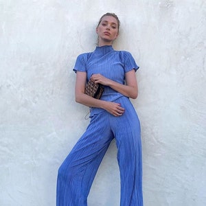 Silky Plisse Pleated Turtleneck Set, Satin Crinkle Shirt Pant Suit, Pleats Fashion Set, Elsa Hosk Blue Pleats, Hot Girl Summer, Y2K 90s