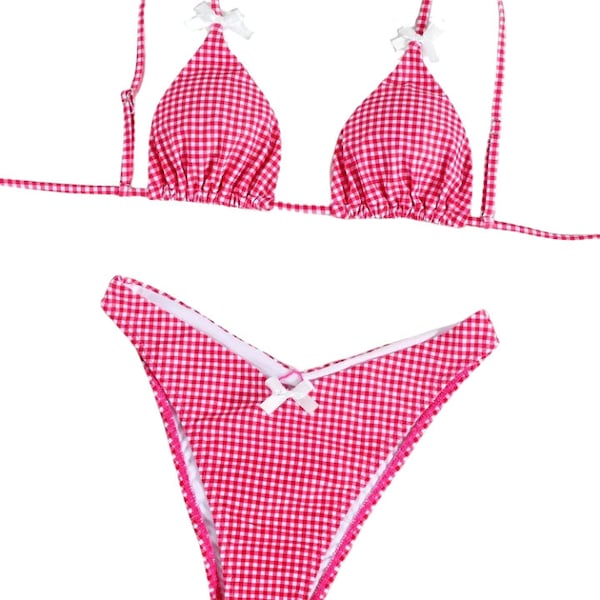 Red & White Gingham Bow 2 Piece Triangle Bikini Set