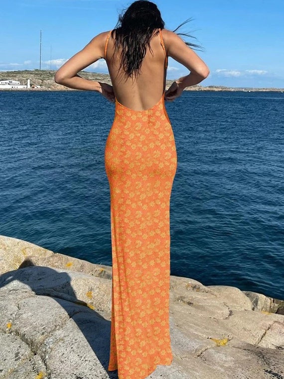 Kendall Jenner Dress, Cowl Neck Backless Long Slip Dress, Floral Dress, Hot  Girl Summer, Y2K 