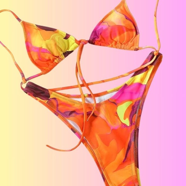 Hailey Bieber Bikini, Designer Swim Dupe, Oranger Triangel-Bikini, Hot Girl Summer, Y2K