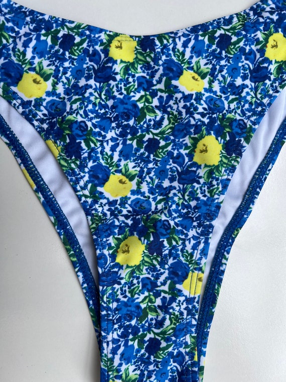 Designer Swim Dupe, Blue Yellow Ditsy Floral Triangle Bikini