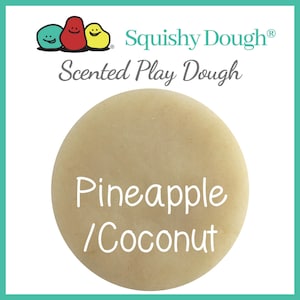 May include: A round container of beige-colored play dough with the text "Pineapple/Coconut" printed on it. The container is labeled "Squishy Dough Scented Play Dough".