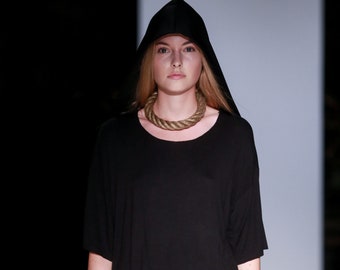 Minimalist long black hood | Unisex avant garde clothing