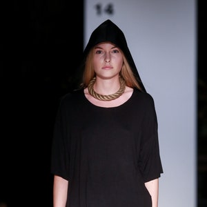 Minimalist long black hood Unisex avant garde clothing image 1