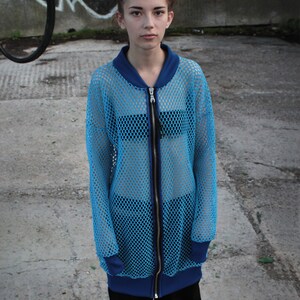 See Through Fishnet Jacket Blue Mesh Zip up Jacket Etsy