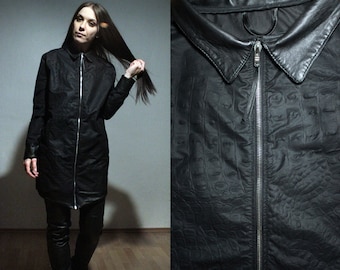 Long black parka jacket with leather collar | Water repellent windbreaker jacket