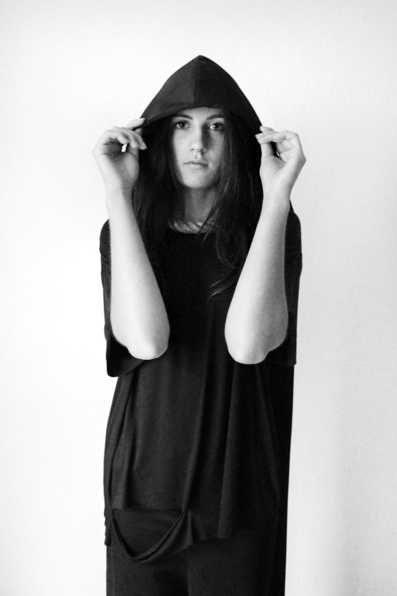 Minimalist long black hood Unisex avant garde clothing image 5