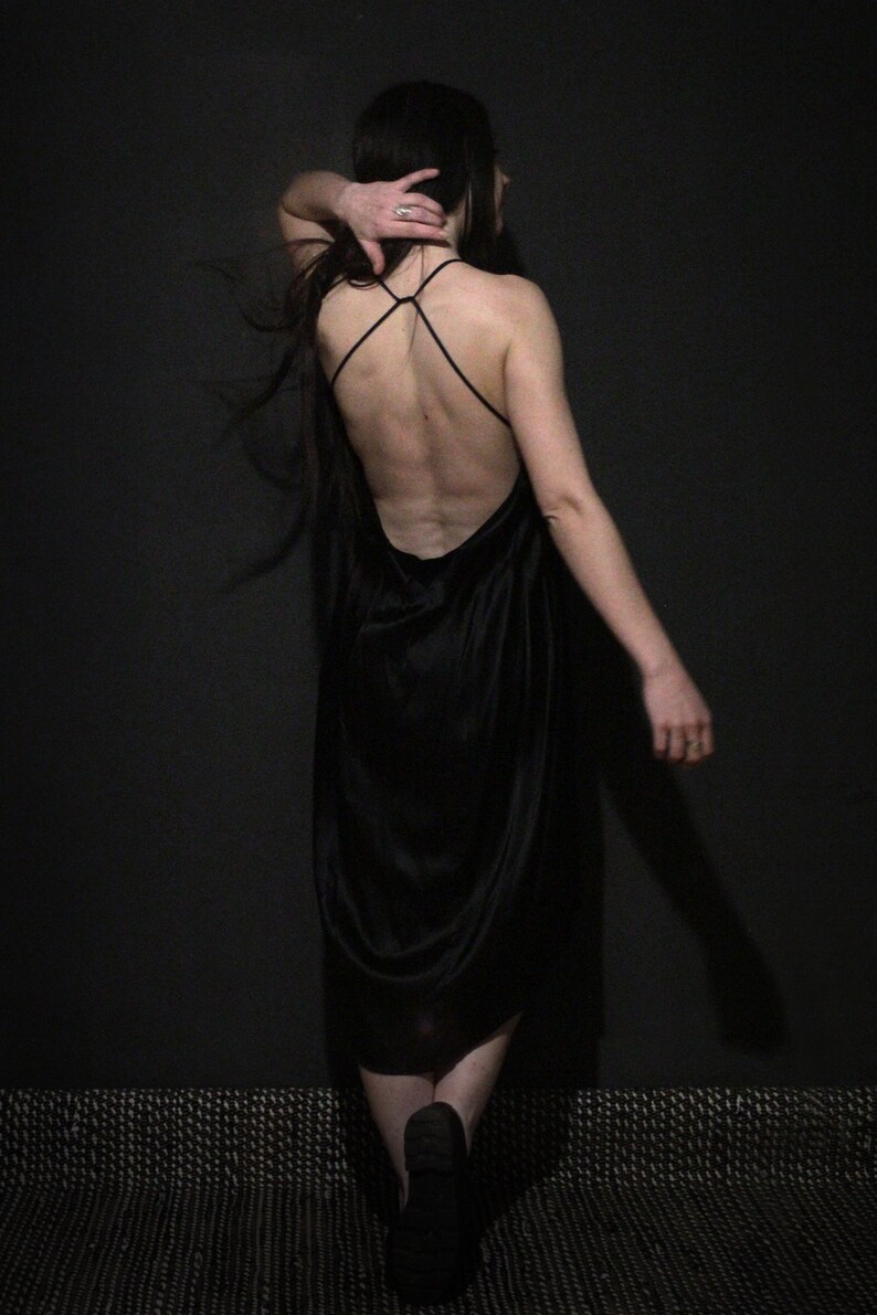 Black satin slip dress with silk lining Low back dress image 1