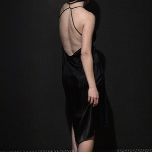 Black satin slip dress with silk lining Low back dress image 4
