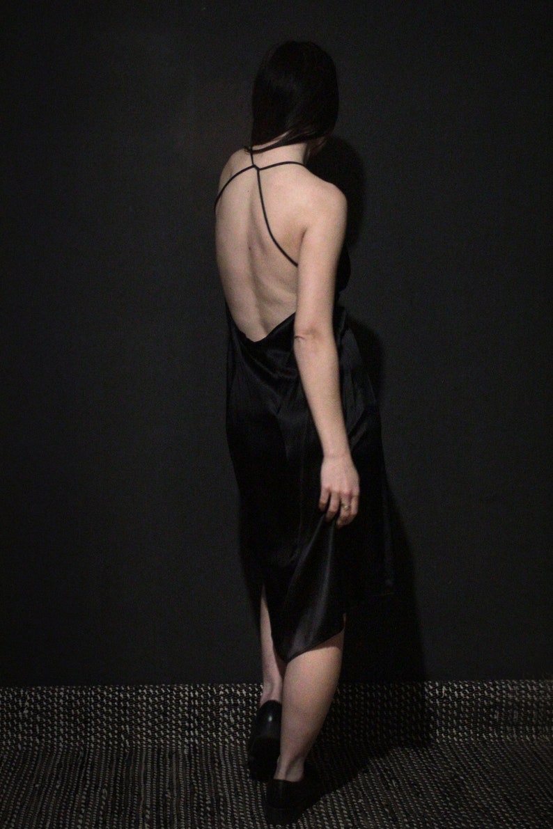 Black satin slip dress with silk lining Low back dress image 4