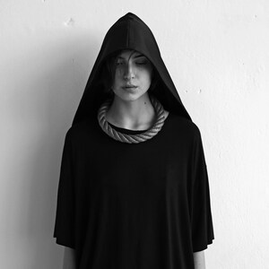 Minimalist long black hood Unisex avant garde clothing image 8