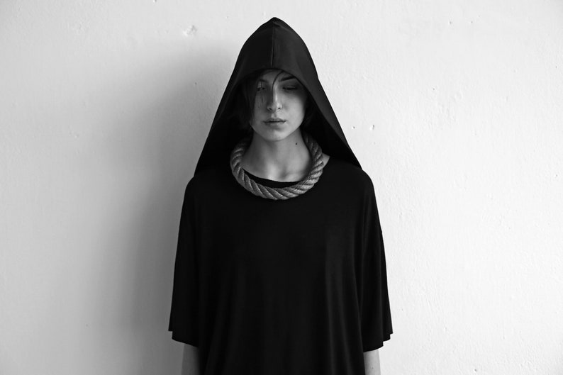 Minimalist long black hood Unisex avant garde clothing image 8