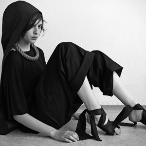 Minimalist long black hood Unisex avant garde clothing image 7