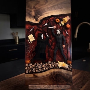 Schneidebrett mit Ghostface- und Myers-Motiven, Horror-Masken-Schneidebrett aus Epoxidharz, handgefertigte Küchendekoration, Halloween-Geschenk