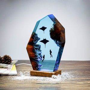 Manta Rochen und Taucher Nachtlicht Lampe, Taucher Lampen Dekoration Ozean Lampe Holz Nacht Lichter zur Dekoration Geburtstagsgeschenk für Ihn